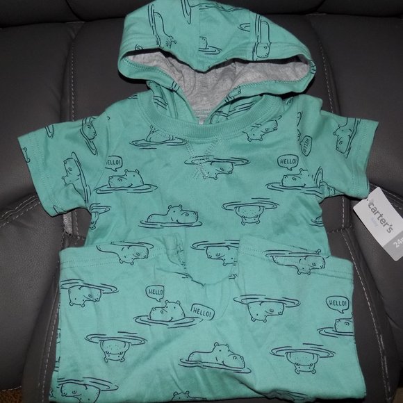 Carter’s Green Hippo Print Hooded Romper Size 24 - Picture 2 of 5